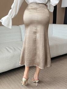 DAZY Women's Elegant Solid Color Pleated Asymmetric Skirt, Autumn/Winter - Khaki - View 2
