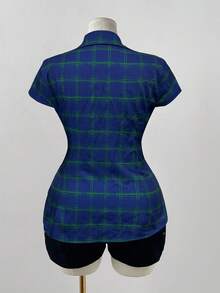 Sunspun 大码格子短袖收腰休闲衬衫 - 彩色 - 查看 2