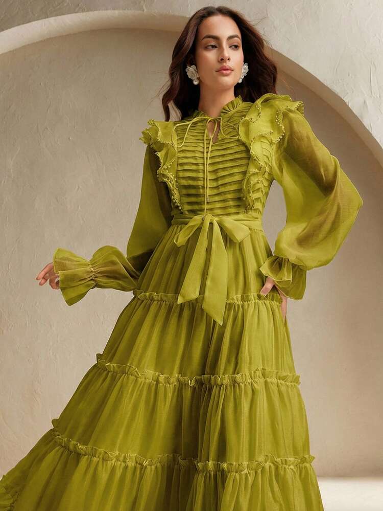 Anewsta Elaire Elegant Floral Lace Layered Ruffle Hem Dress For Women, Suitable For Fall, Winter, Spring, New Year, Party, Wedding, Chic, Stylish, Formal, Work, Thanksgiving, Graduation, Christmas, Festival - Green - View 5