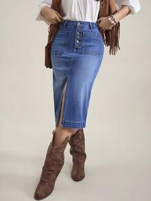 SHEIN Tall Women's Button Front Split Hem Casual Mid-Length Denim Skirt - Blue - View 6