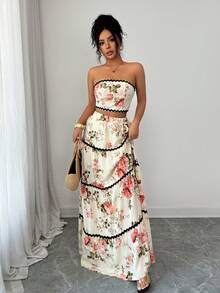 SHEIN Raffinéa 2pcs Elegant Holiday Strapless Top And Skirt Set For Women, Spring/Summer - Apricot - View 7