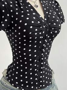 Elamini Women's Polka Dot Metal Hidden Button Pleated Vintage Blouse - Black and White - View 3