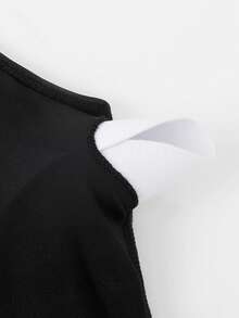 SHEIN 少女三件套比基尼：可爱纯色针织露背荷叶边上衣、褶皱泳裤和印花罩裙。时尚、优雅、休闲风格，适合夏季游泳、海滩度假等场合。 - 黑色 - 查看 8