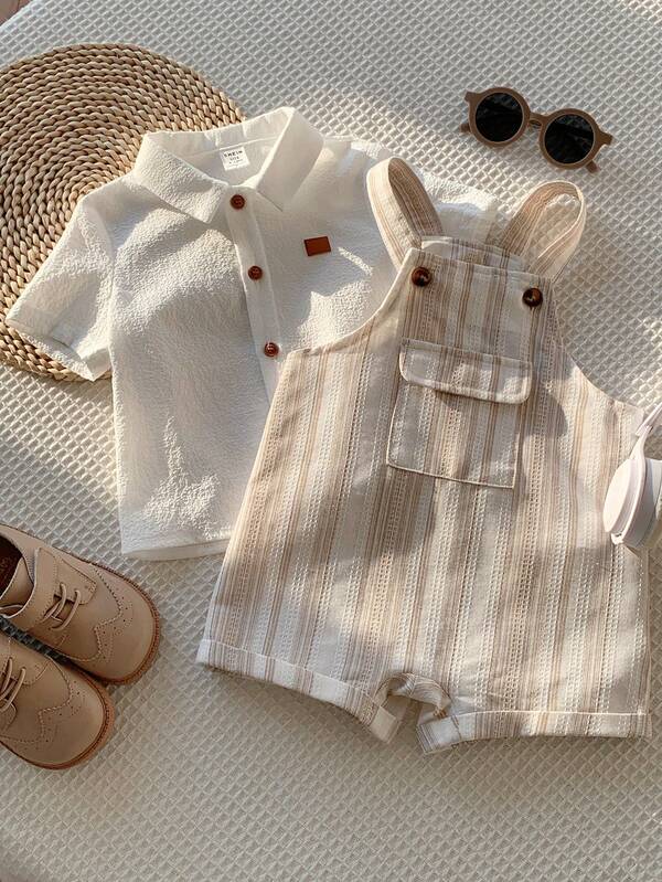 SHEIN 2pcs/Set Baby Boy Unisex Summer Outfit, Adorable Striped Overalls & White Shirt Set, Suitable For Birthday Party, Rave, Evening Party, Performance, Wedding, Baby Shower, 1st Birthday Celebration