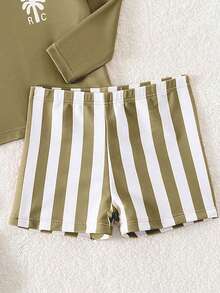 Baby Boys Swimwear, Casual Olive Green Tropical Casual Style Printed Knitted Fabric Long Sleeve Sunscreen Clothes, Quadrangle Shorts, Split Two Piece Set Long Sleeve Top Shorts, Casual Exquisite Cute Boys Suitable For Summer Vacation, Summer Beach Beach Swimming Pool, Summer Party Leisure Vacation Toddler Boy Beach Set Boy Rash Guard - Olive Green - View 5