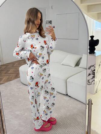 THE POWERPUFF GIRLS X SHEIN 女士舒适印花长袖上衣和裤子睡衣套装，秋季