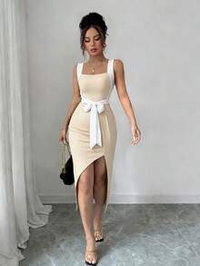 Rafferiza 不对称修身蝴蝶结通勤简约风格连衣裙，女士，春夏款 - 杏色 - 查看 4