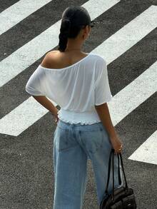 Muchica White Top  Knit Ruffle Edge One Shoulder T-Shirt White One Shoulder Blouse White - White - View 2