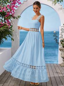 Vivid Eden Solid Color Patchwork Ruffle Textured Fabric A-Line Cami Dress For Women, Vacation & Casual Wear ,Summer Dress - Blue - View 3