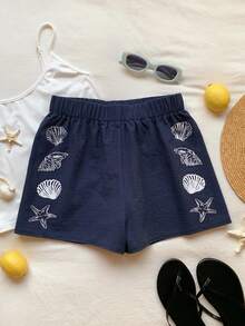 Comfortcana 女士贝壳和海星印花松紧腰休闲宽松短裤 - 藏蓝色 - 查看 4