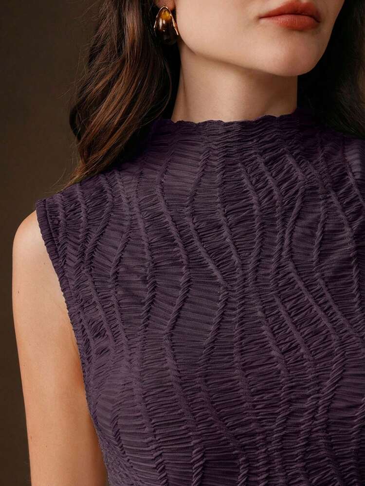 Anewsta Essential Women's Fashionable Solid Color Textured Fabric Sleeveless Ruffled Collar Fitted Tank Top