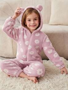 SHEIN 女童针织毛绒连帽连体衣 - 淡紫色 - 查看 1