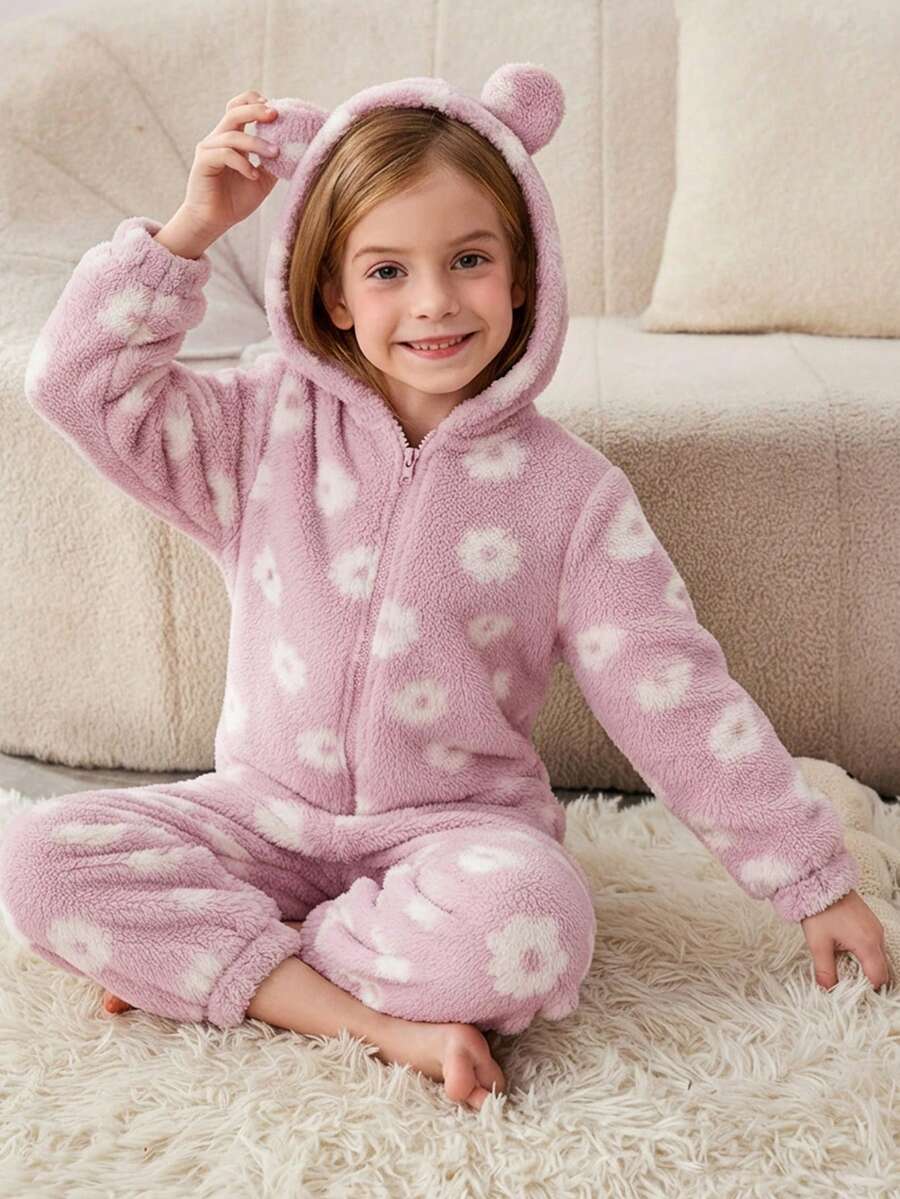 SHEIN 女童针织毛绒连帽连体衣 - 淡紫色 - 查看 1