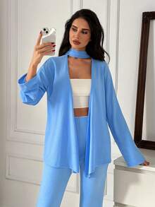EURMUSE Textured Two Pieces Set, Wrap Blouse With Belt Detail, Flared Pants, Relaxed Fit, Soft Drape Fabric, Effortless Chic Style - Baby Blue - View 6