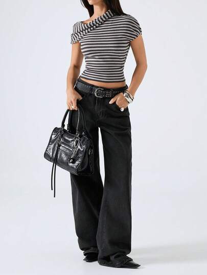 LYSMO 2026 New Arrive Minimalism Spring/Summer Women's  Striped Asymmetrical Shoulder Fitted Casual Cropped Knit Sweater,Going Out Top,Striped/Casual