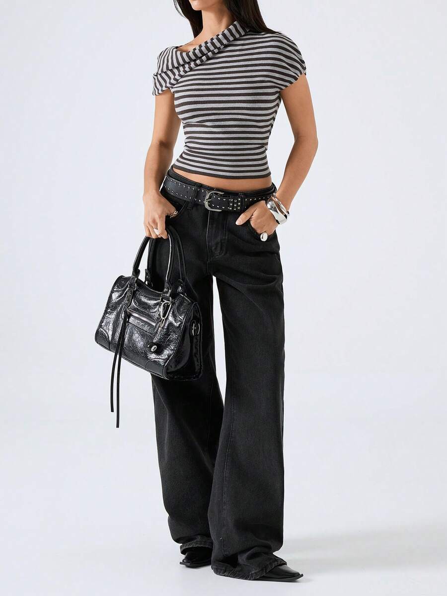 LYSMO 条纹不对称肩部修身休闲短款针织毛衣 - 彩色 - 查看 1