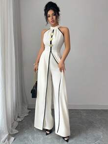 Elenzga Ladies Weave Elegant, Vacation-Style, Fashionable Summer Sleeveless Jumpsuits - Apricot - View 4