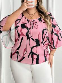 SHEIN CURVE+ 加大码女式大码系带领休闲百搭日常通勤中袖衬衫 - 彩色 - 查看 8