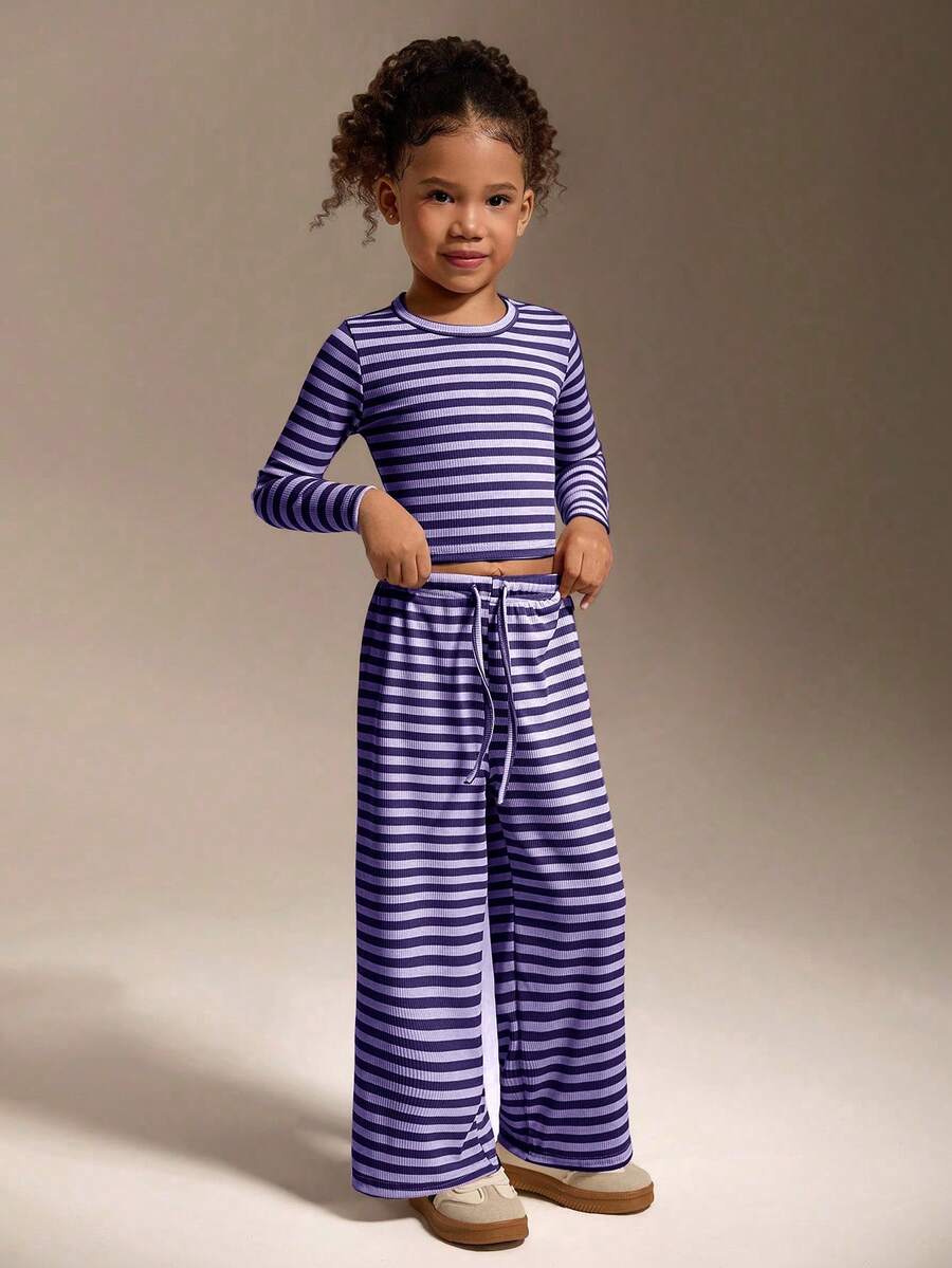 SHEIN 女童条纹长袖圆领T恤和阔腿裤两件套，休闲条纹套装，适合居家、休闲、户外运动。 - 紫色 - 查看 1