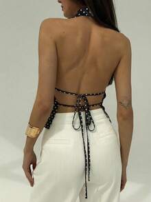 Aloruh 条纹深V领露背系带性感女式上衣 - 棕色 - 查看 2