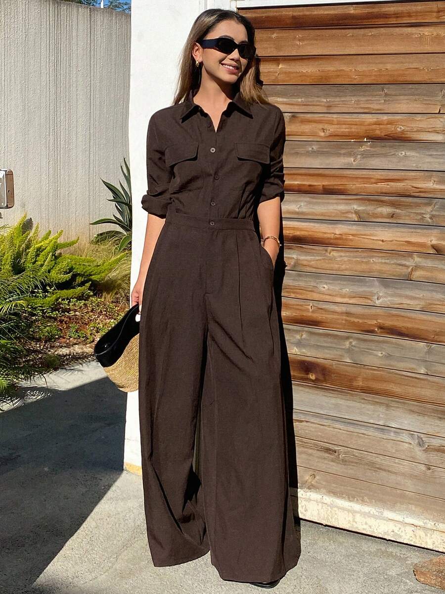 Livesso Women's Loose Business Casual Lightweight Jumpsuit With Large Pockets, Brown, Suitable For Office, Street Wear, Spring/Summer