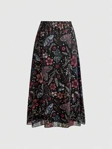 ROMWE Fairycore Chân váy chữ A phong cách Gothic tối màu dành cho nữ với họa tiết dơi, đầu lâu, mặt trăng và bí ngô. - Nhiều màu - Xem 2