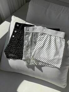 Comfortcana 3 Stücke Damen Leopard/Baum/Punktemuster Kontrast Taille Knopfverschluss Shorts - Verschiedenfarbig - Übersicht 4