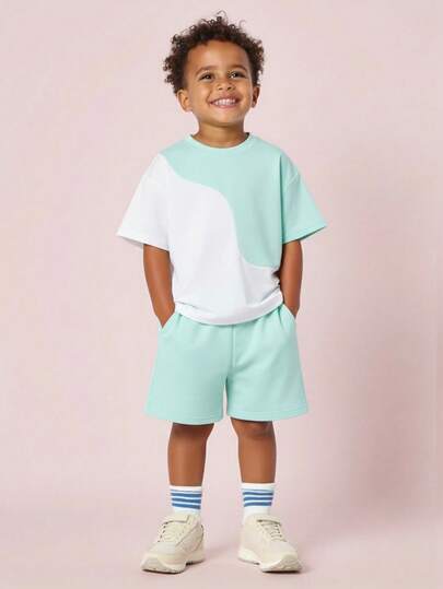 SHEIN 2件套儿童男童休闲日常舒适撞色圆领短袖T恤和短裤针织套装，适合上学、花园、海滩、生日、秋冬季节穿着。