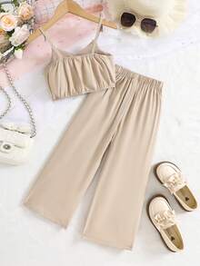 SHEIN Elladie kids Set de 2 piezas con top de tirantes con lazo y pantalones de traje para niñas, adecuado para uso diario y vacaciones, verano - Albaricoque - Ver 2