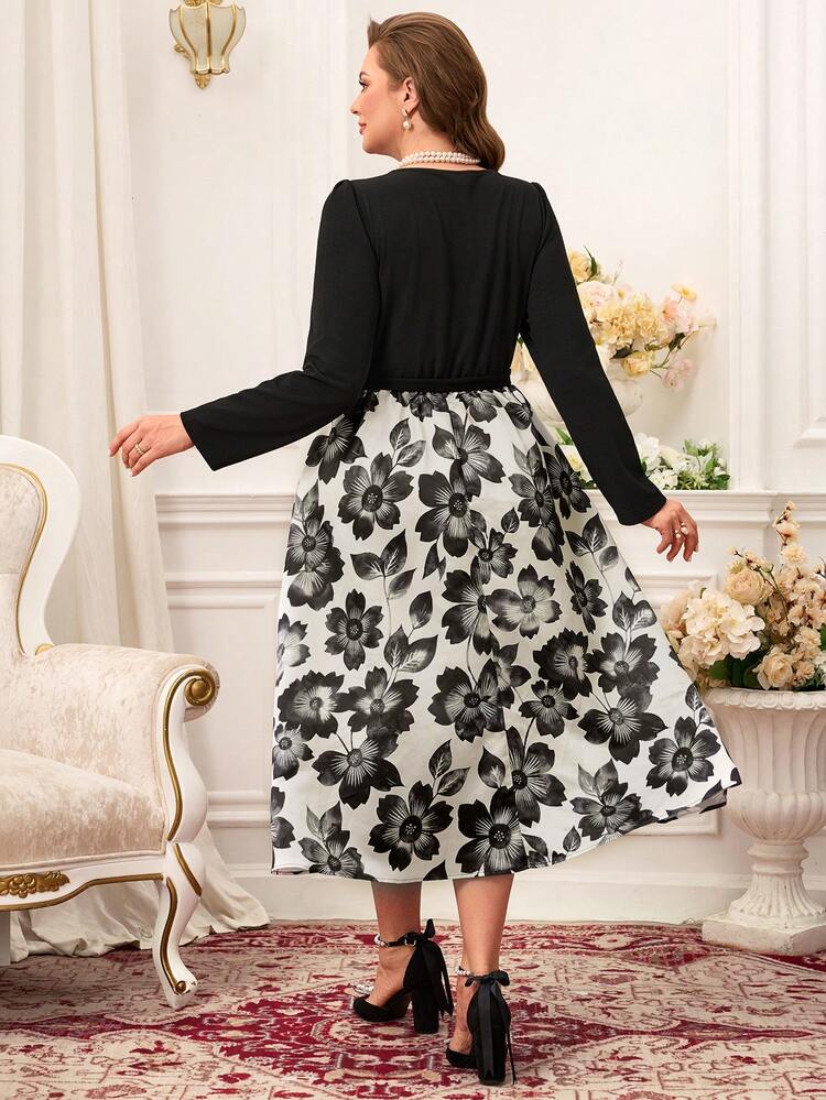 Plus Size Women Elegant Colorblock Floral Print Dress, Elegant Dresses For Women , Long Sleeve Elegant Dress/Flower/Summer/Spring/Vacation