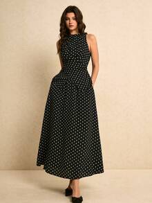 Poéselle 女士波点印花不对称下摆无袖上衣和迷你裙优雅两件套 - 黑與白 - 查看 3