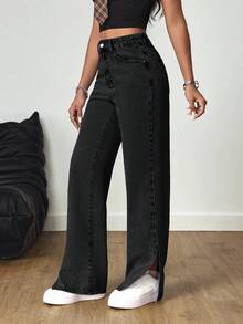 SHEIN Tall Women's Casual Versatile Commuting Washed Denim Jeans With Pockets And Button Design - Black - View 4