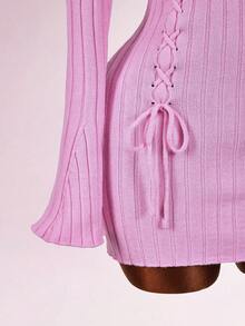 Amplova 露肩优雅日常长袖修身迷你针织连衣裙，配蝴蝶结肩带 - 粉色 - 查看 5