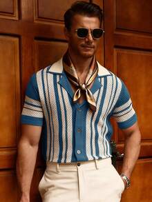 Manfinity Homme Áo thun nam tay ngắn in họa tiết tương phản, áo sơ mi nam móc len, trang phục nam thập niên 70, áo polo nam cài nút, áo sơ mi dệt kim cho nam, quần áo nam cổ điển. - Màu xanh lam - Xem 4