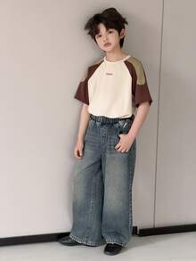 Dazy Kids Pantalones vaqueros casuales anchos de cintura elástica con bolsillos para niños preadolescentes - Azul - Ver 2