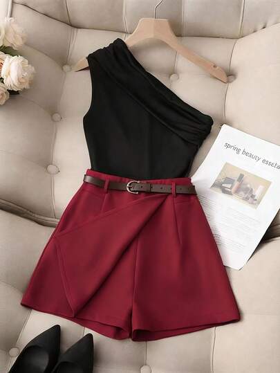 SHEIN Franclia [Niche Elegance]Black One-Shoulder Asymmetric Ruched Slim Tank Top + Wine Red Regular-Waisted Slim A-Line Skort (With Brown Vintage Belt) Fashion Ensemble For Women, Chic Outfit For Summer/Spring & Autumn, A Figure-Flattering Two Pieces Set To Elevate Your Temperament Red And Black Outfit Women Short Outfits Red Dress Short Belt Skirt Red And Black Dress