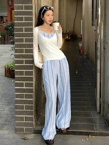 DAZY طقم ملابس نسائي مكون من 3 قطع للعطلات والشاطئ: قميص كامي بتصميم شبكي ملون، بنطال ساق مستقيمة، وتي شيرت شفاف للتغطية، مناسب للصيف والربيع - الأزرق - مشاهدة 5