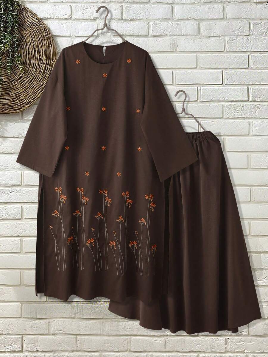 SHEIN Unity Women's Round Neck Long Split Embroidered Vintage Elegant 2 Pieces Set Dark Brown Dress,Dark Orange,Autumn,Modest,Family Chocolate Coffee Brown Set - Brown - View 1