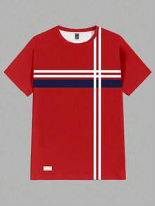 Manfinity RelaxMax Maglietta casual a girocollo a maniche corte a righe per uomo - Rosso - Visualizzare 2