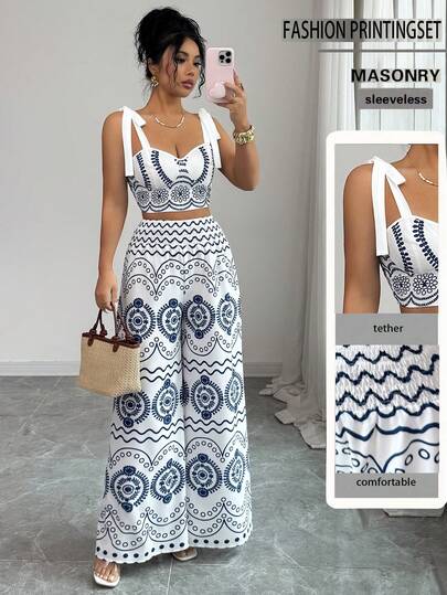 SHEIN Elenzya Women's Blue & White Placement Print Elegant Vacation 2 Pieces Set