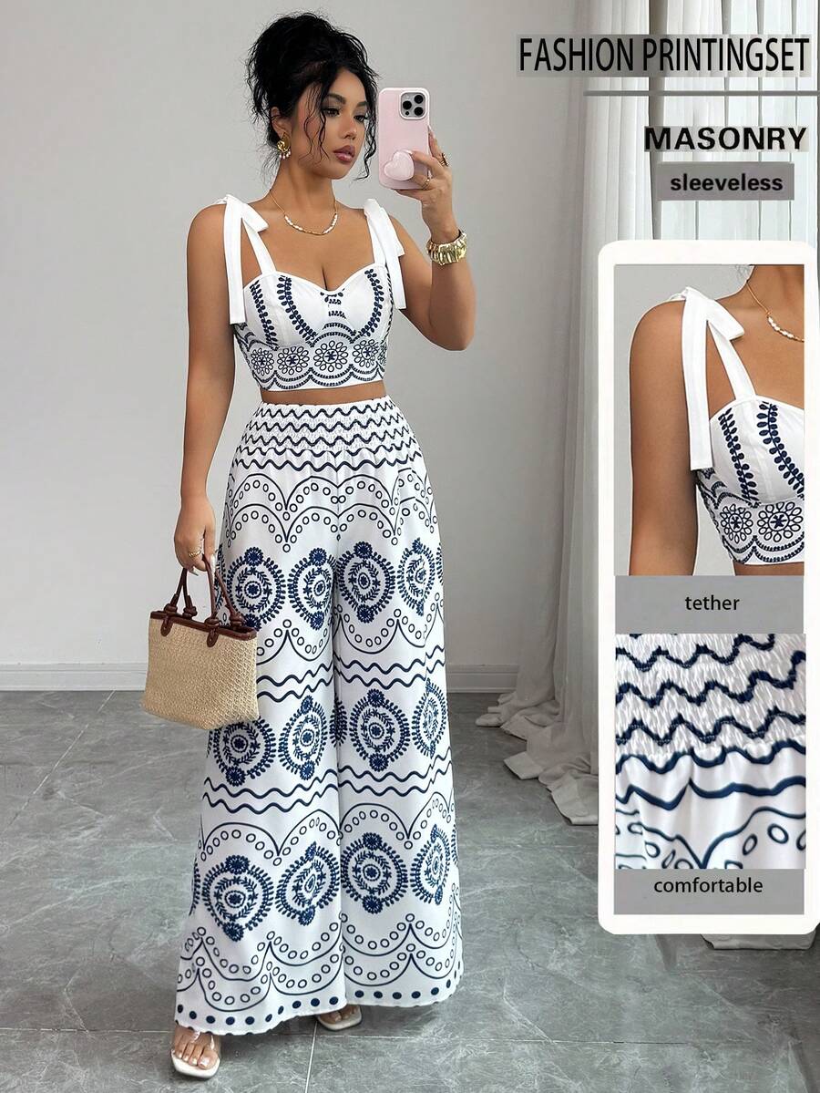 SHEIN Elenzya Women's Blue & White Placement Print Elegant Vacation 2 Pieces Set - Blue and White - View 1