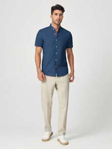 Manfinity VCAY Men's Solid Color Short Sleeve Single-Breasted Casual Shirt City Break Navy Blue Summer - Blue - View 4
