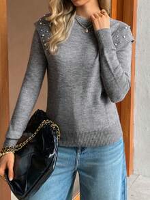 Elyressa Jersey de cuello redondo de manga larga con adornos de perlas para mujer - Gris - Ver 4