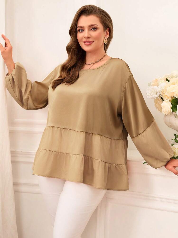 Plus Size Elegant Commuter Patchwork Lantern Sleeve Blouse, Spring Women, Vacation