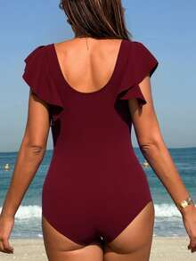Swim Basics 女士夏季沙滩装，休闲度假荷叶袖交叉前襟纯色网纱拼接性感连体泳衣酒红色收腹泳装带袖泳衣 - 酒紅色 - 查看 2
