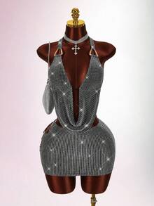 Amplova Women's Plunging Neck Glitter Halter Top And Side Cutout Bodycon Mini Skirt Sexy 2 Pieces Set - Silver - View 7