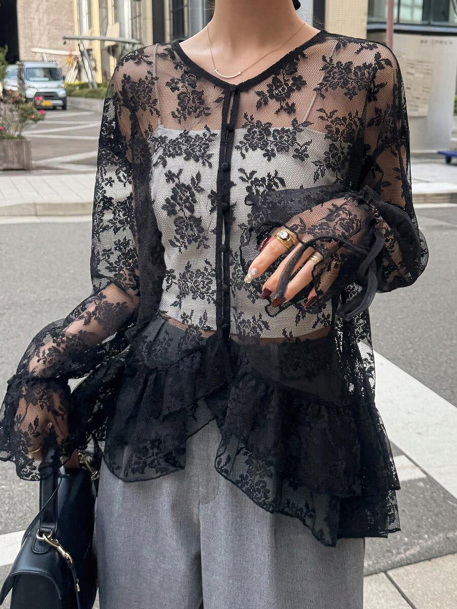 FRIFUL Women's Round Neck Cardigan With Ruffled Hem Contrast Lace Blouse