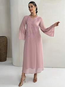 Al Najma Women's Rhinestone Embellished Round Neck Long Sleeve Elegant Arabic Style Dress - Pink - View 7