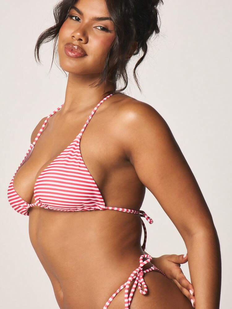 MISSGUIDED Striped Triangle Bikini Set With Halter Neck Tie Top And String Side Bikini Bottom Summer Beachwear Two Piece Swimsuit