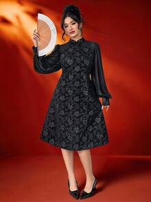Reflora Plus Size Women's Black Long Sleeve Elegant Patchwork Midi Dress,Autumn/Winter Formal Evening Outfit,Modest Chinese Style Floral Formal Party Dress - Black - View 3